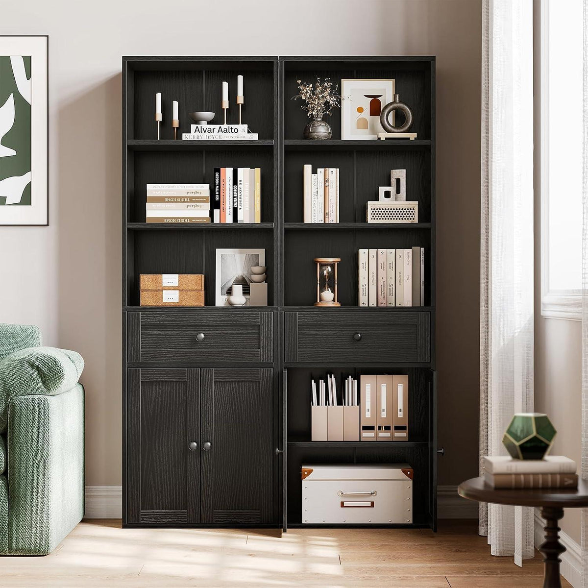 Bücherregal mit Türen & Schublade – Schwarz, 5 Ebenen