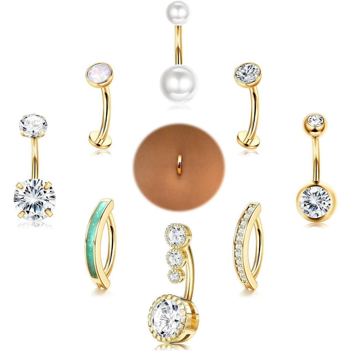 9er Set Bauchnabelpiercing Chirurgenstahl, Silber/Gold CZ Clicker