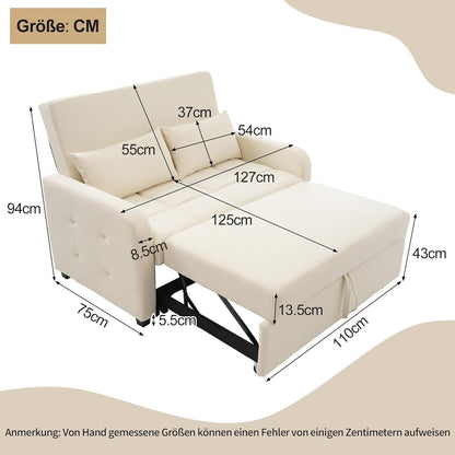 Schlafsofa 2-Sitzer mit Bettkasten & verstellbarer Lehne (Beige)