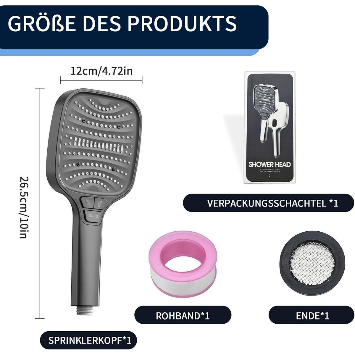 Regendusche Handbrause 8 Strahlarten & Stoppfunktion Grau