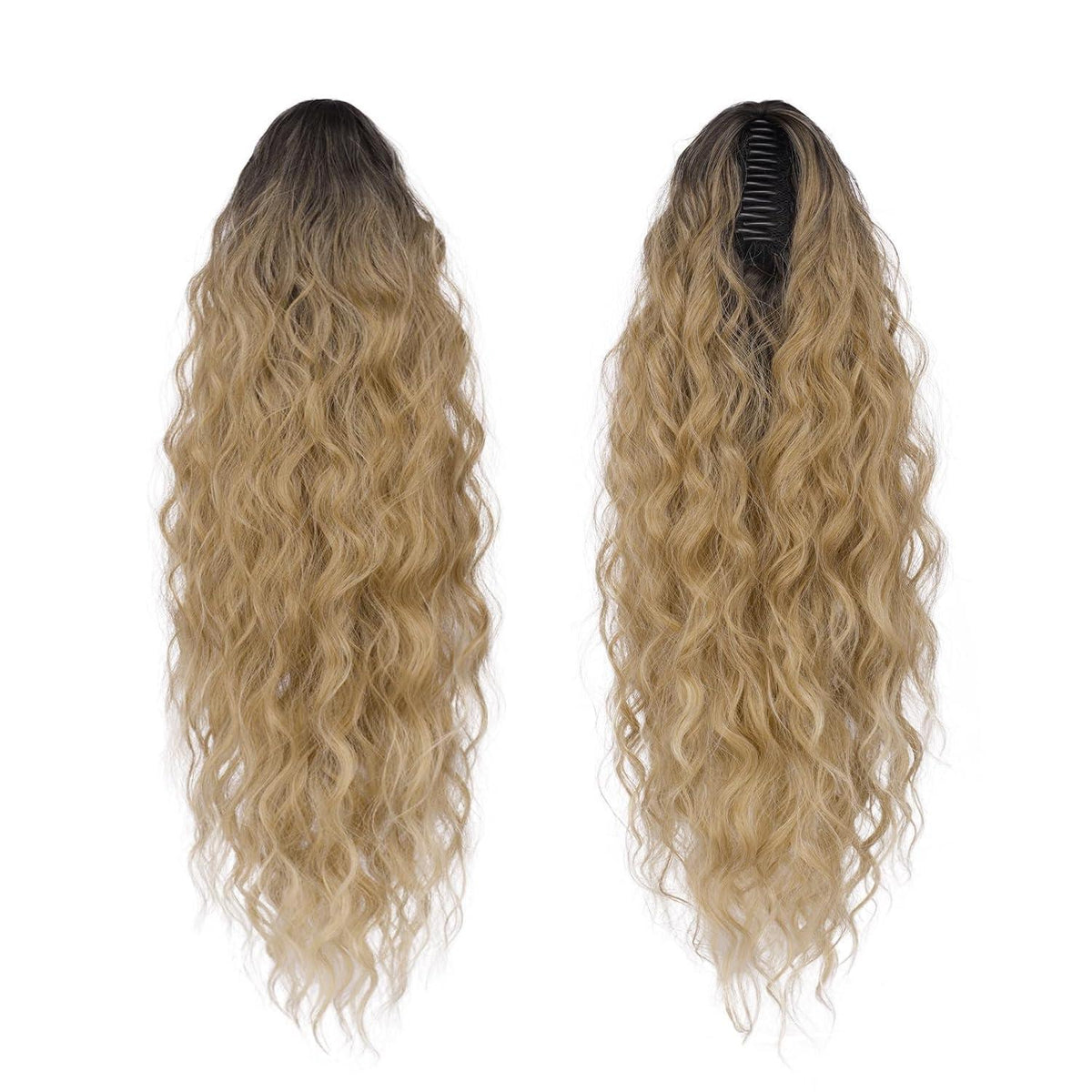 Wellig lockiger Pferdeschwanz mit Klammer, 65cm Ombre Blond Braun