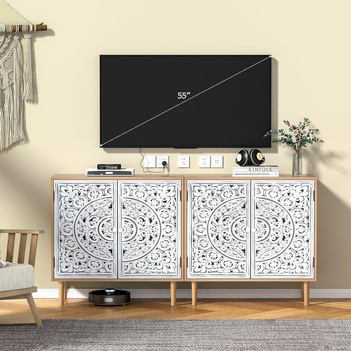 Geschnitztes Sideboard Holz – Aufbewahrungsschrank für Wohnzimmer & Küche