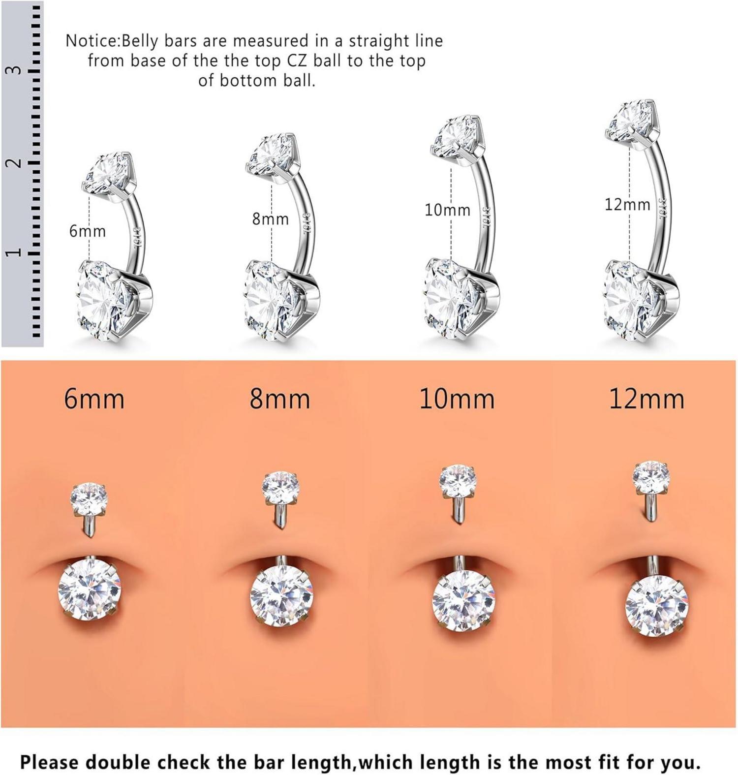 Bauchnabelpiercing Silber Gold Zirkonia 14G 925 Chirurgenstahl 6/8/10/12mm