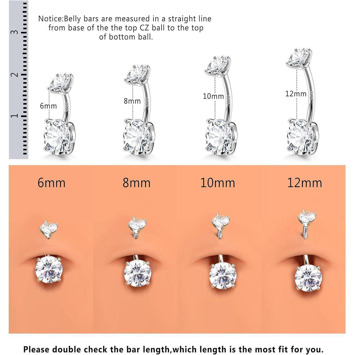 Bauchnabelpiercing 925 Silber Zirkonia 14G Goldfarben 6-12mm Stablänge