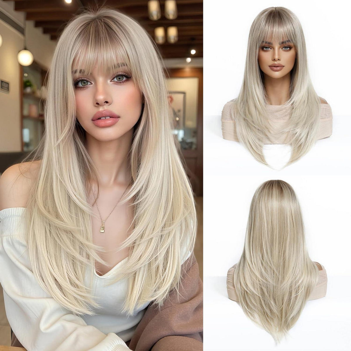Lange Gerade Blonde Perücke mit Fransen & Ombre Farbverlauf