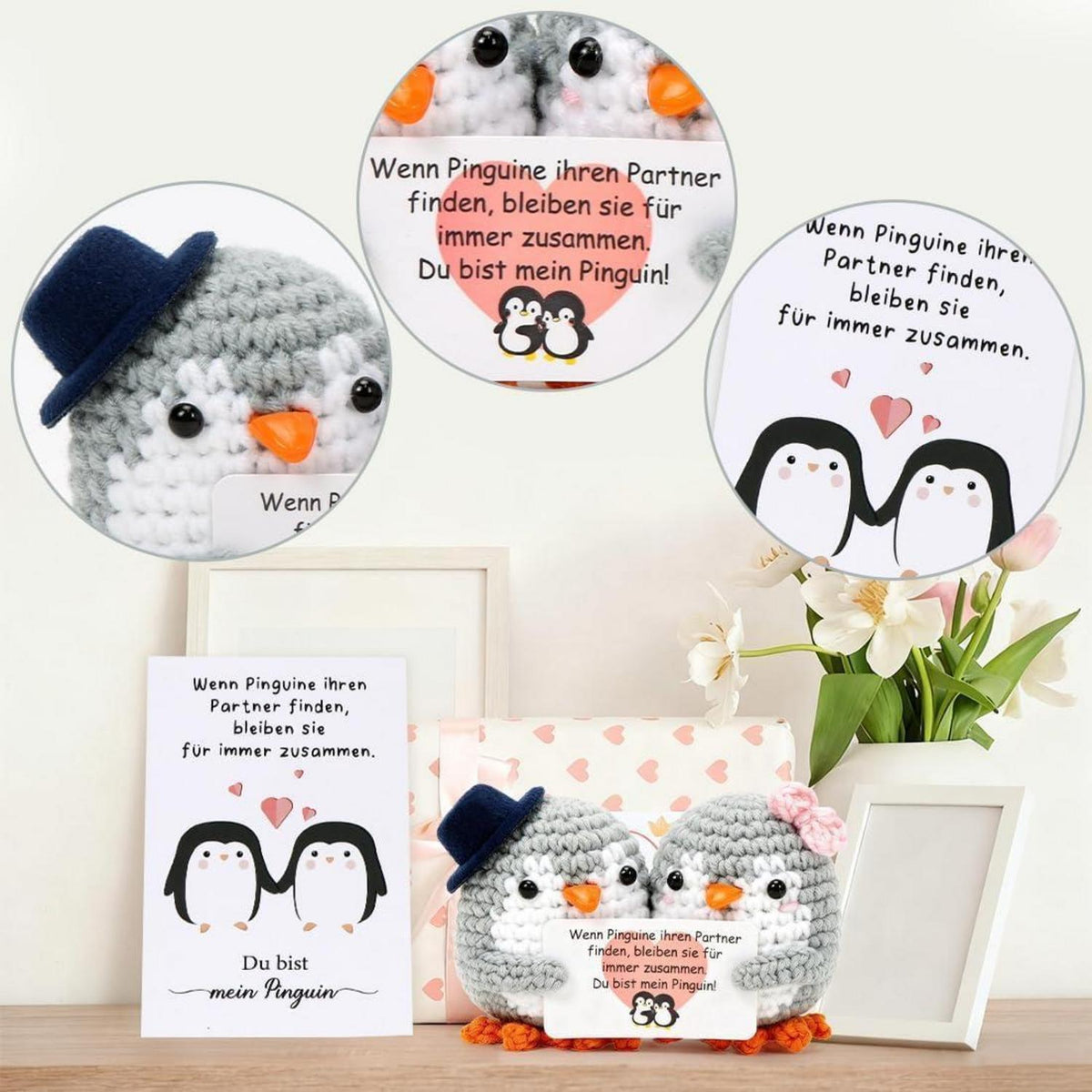 Gestrickte Pinguin Puppen Paar - Liebesgeschenk mit Karte