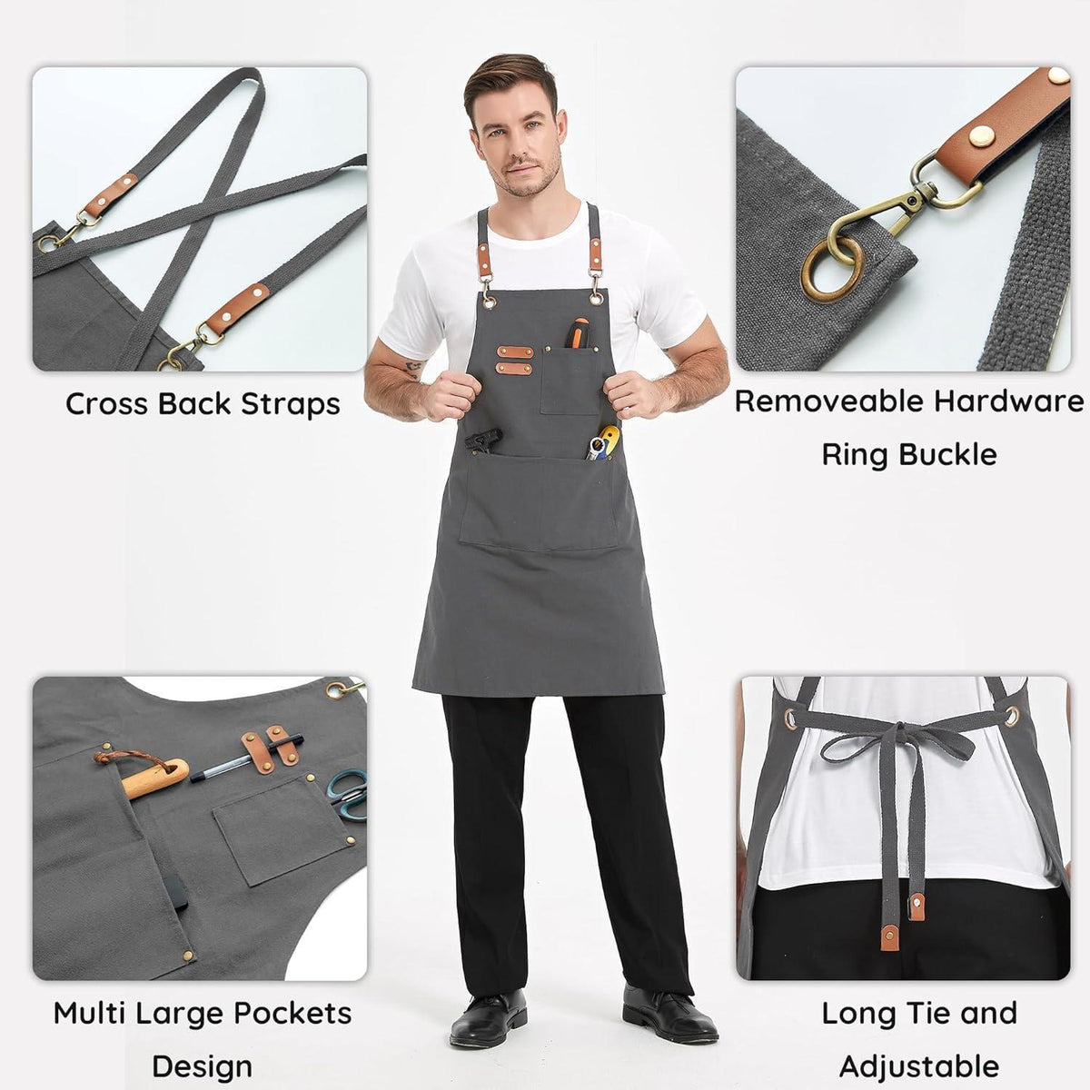 Canvas Schürze mit Kreuzgurt und 3 Taschen - Grau