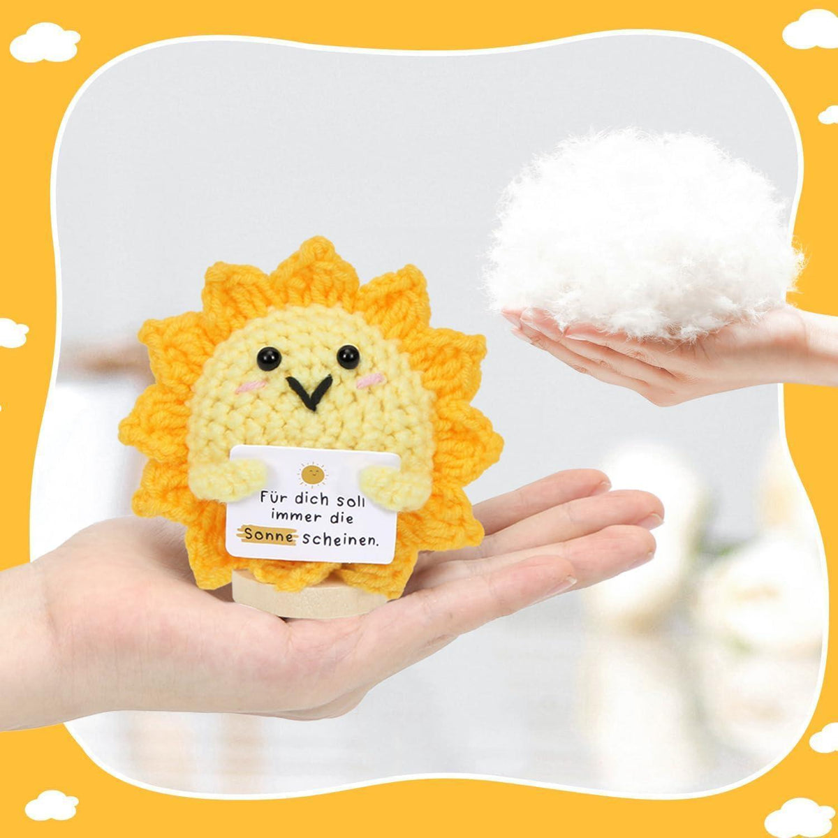 Sonnen-Strickpuppe mit Blume – Positives Geschenk & Deko