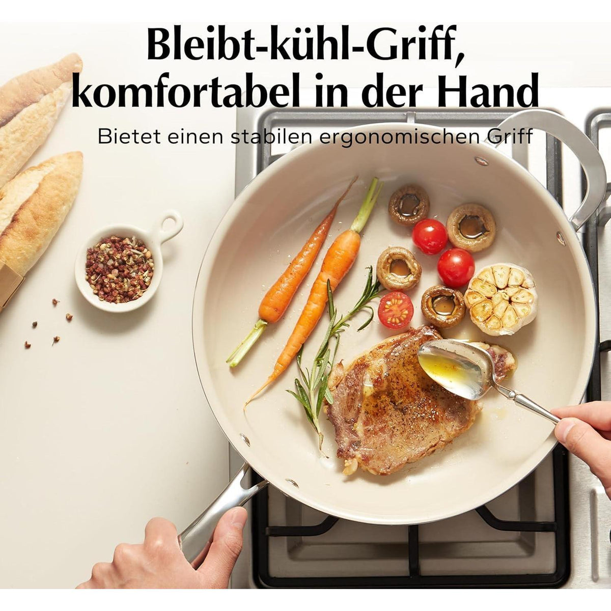 Bratpfanne 28cm mit Deckel, Keramik Antihaft, Induktion, Backofenfest, Beige