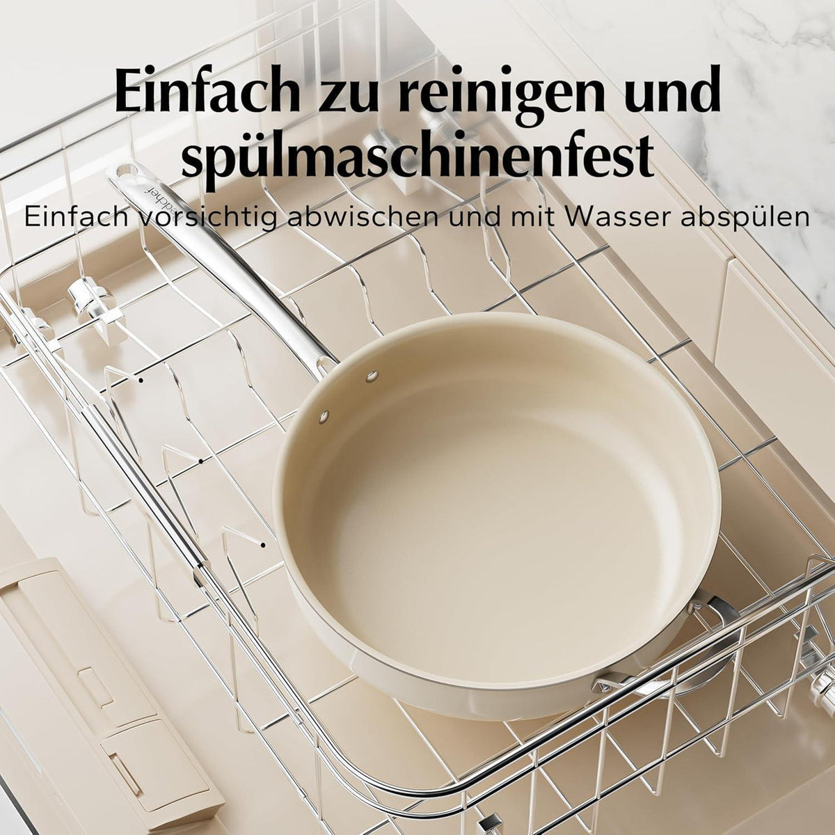 Bratpfanne 28cm mit Deckel, Keramik Antihaft, Induktion, Backofenfest, Beige