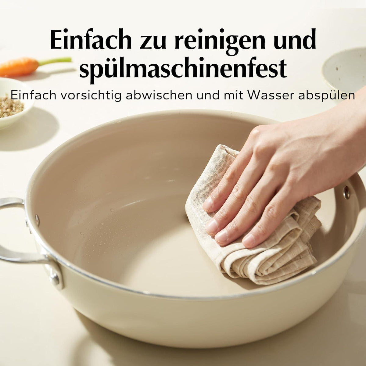 Bratpfanne 28cm mit Deckel, Keramik Antihaft, Induktion, Backofenfest, Beige