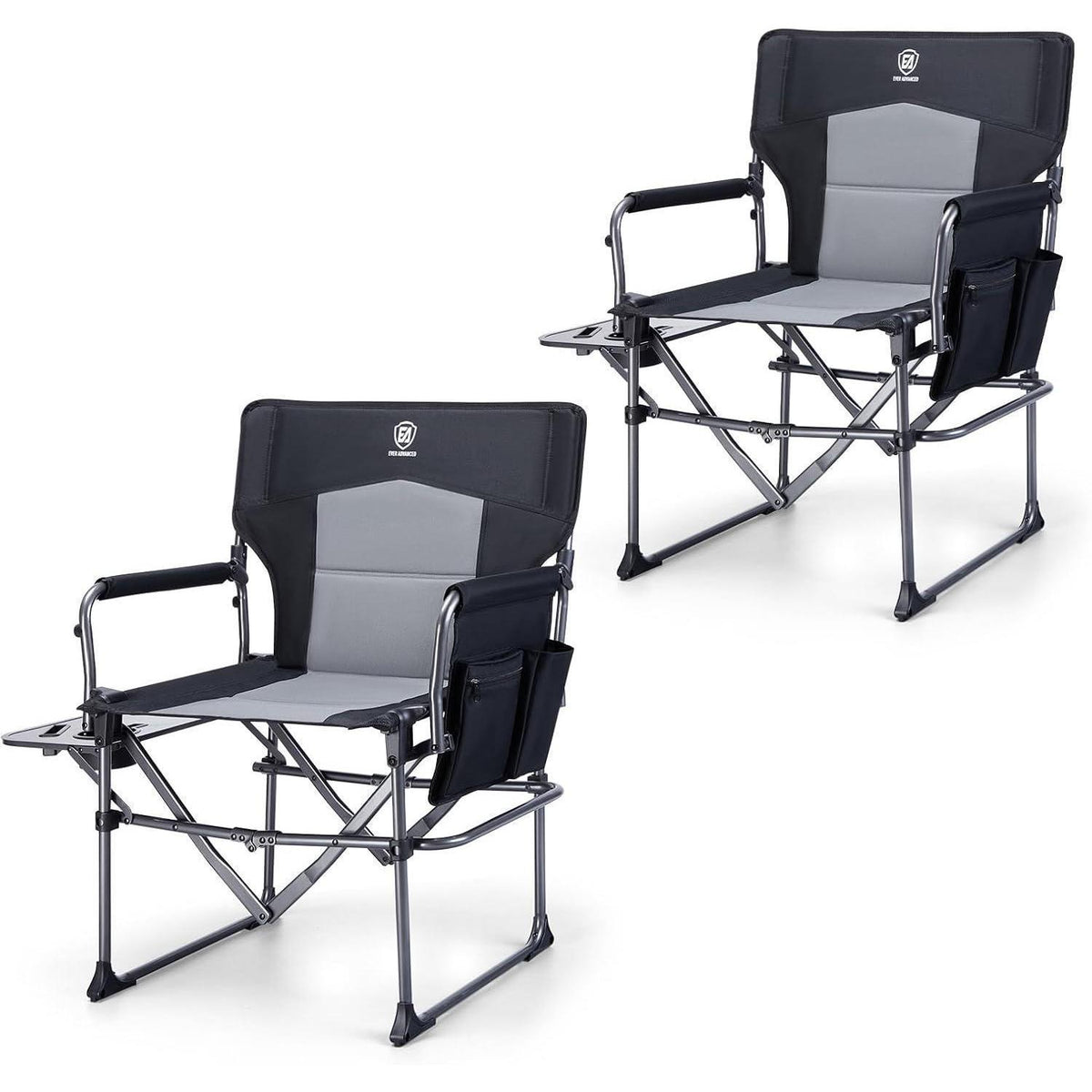 Campingstuhl faltbar mit Seitentisch & Tasche, 180kg belastbar, Schwarz (2 Stück)