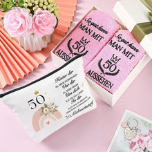 50. Geburtstag Geschenkset für Frauen: Kosmetiktasche, Socken & Schlüsselanhänger