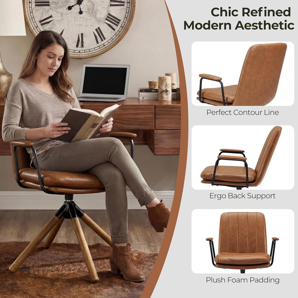 Zouron Braun Bürostuhl – Mid Century Modern Drehstuhl mit Holzbeinen