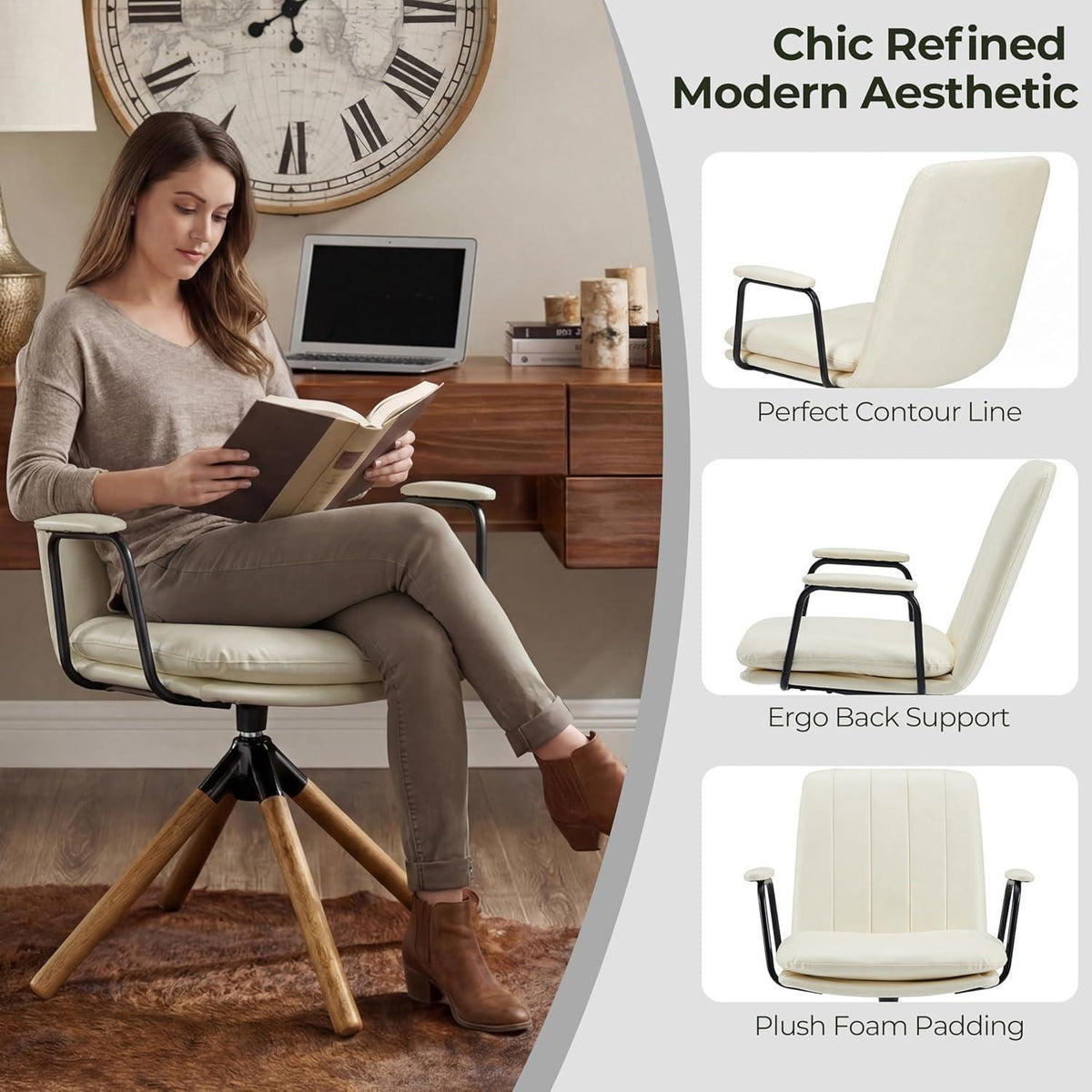 Beiger Mid Century Drehstuhl mit Eichenholzbeinen