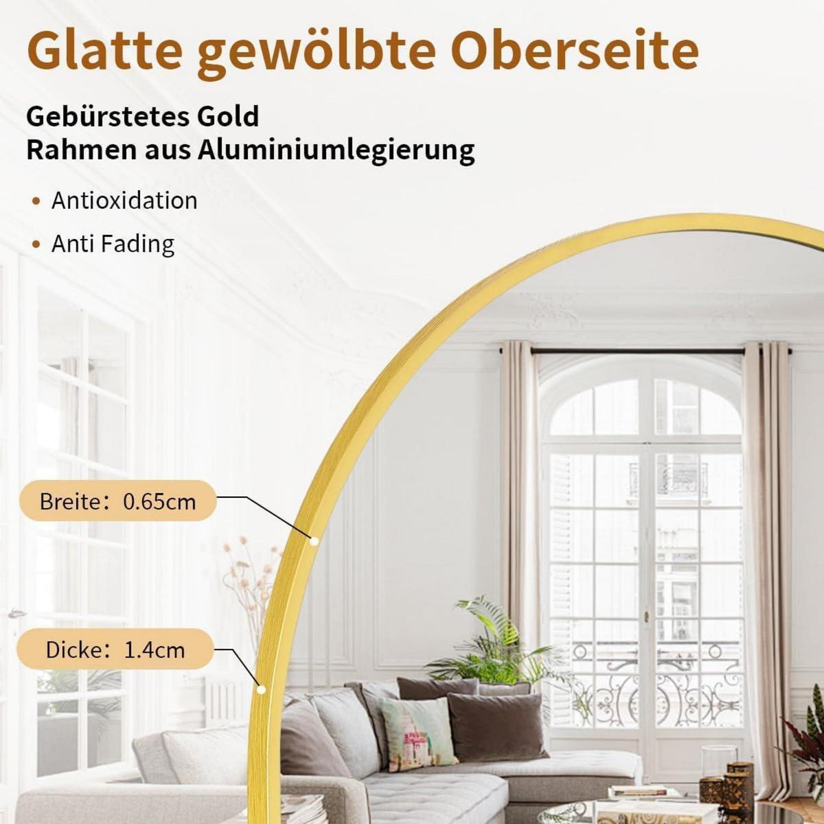 Ganzkörperspiegel Bogenförmig Gold – 198x89cm, Stand- & Wandspiegel