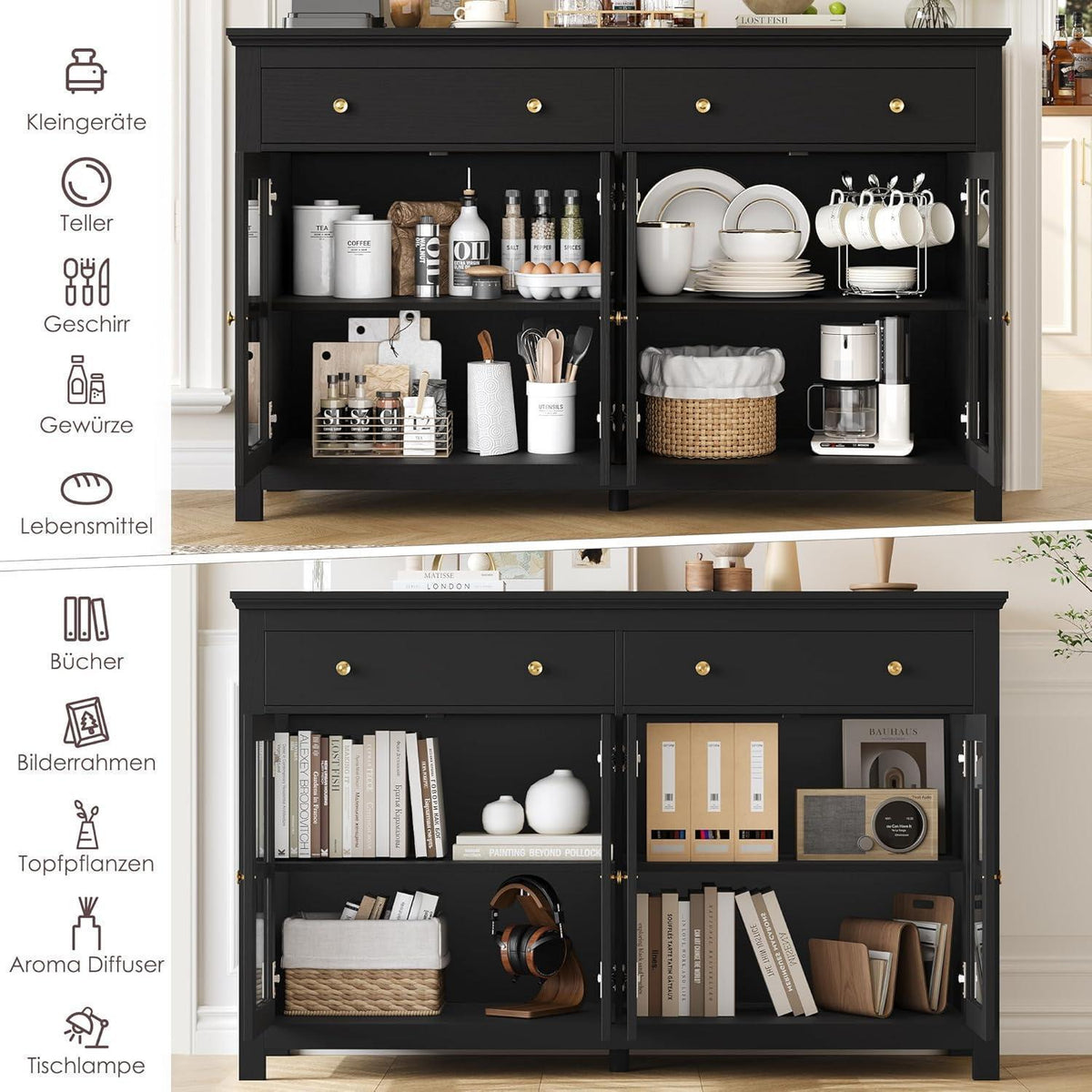 140cm Sideboard mit Glastüren & Schubladen – Küchenbuffet Schwarz