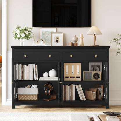 140cm Sideboard mit Glastüren & Schubladen – Küchenbuffet Schwarz