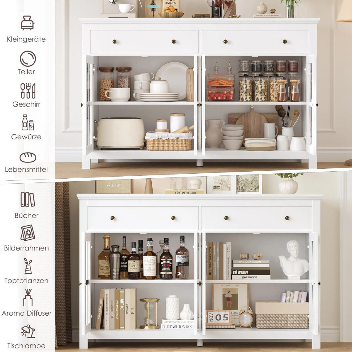 140cm Sideboard mit Glastüren & Schubladen – Küchenbuffet Weiß