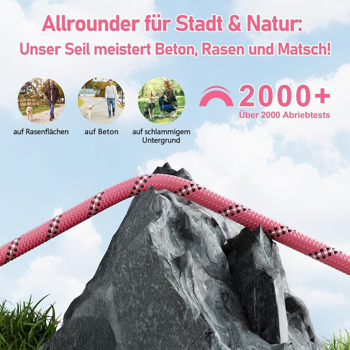 Schleppleine für Hunde 7M mit gepolstertem Griff, Rosa
