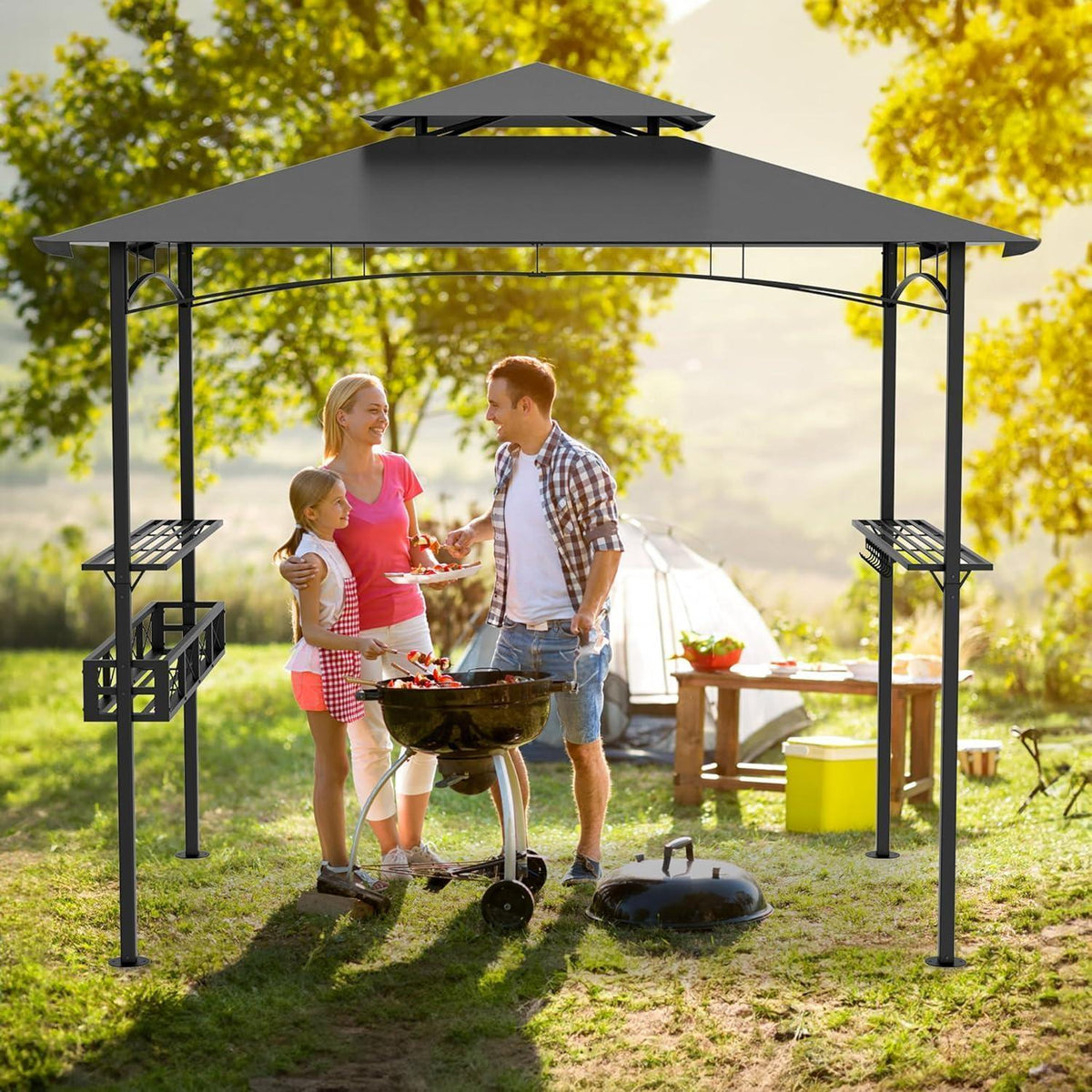 Grillpavillon 244x138 cm mit Bartresen & UV-Schutz – Grau