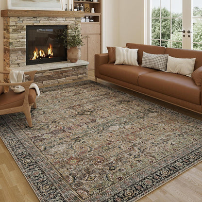 Vintage Teppich Braun/Bunt 240x300cm – Waschbarer Wohnzimmerteppich Retro
