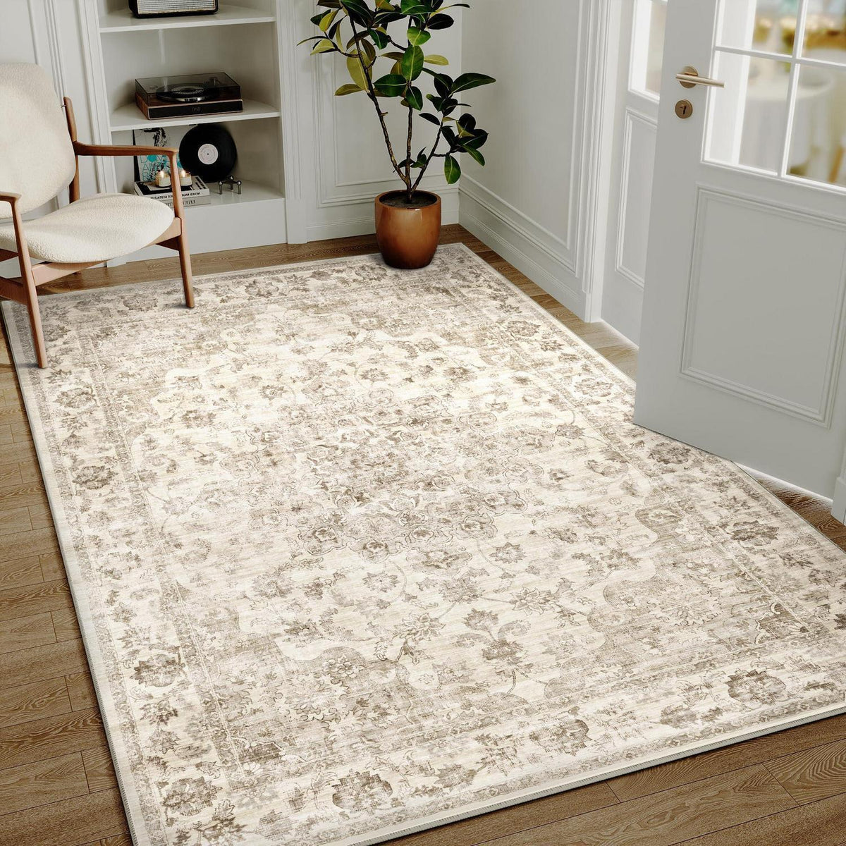 Vintage Teppich 140x200cm Beige – Waschbarer Wohnzimmerteppich