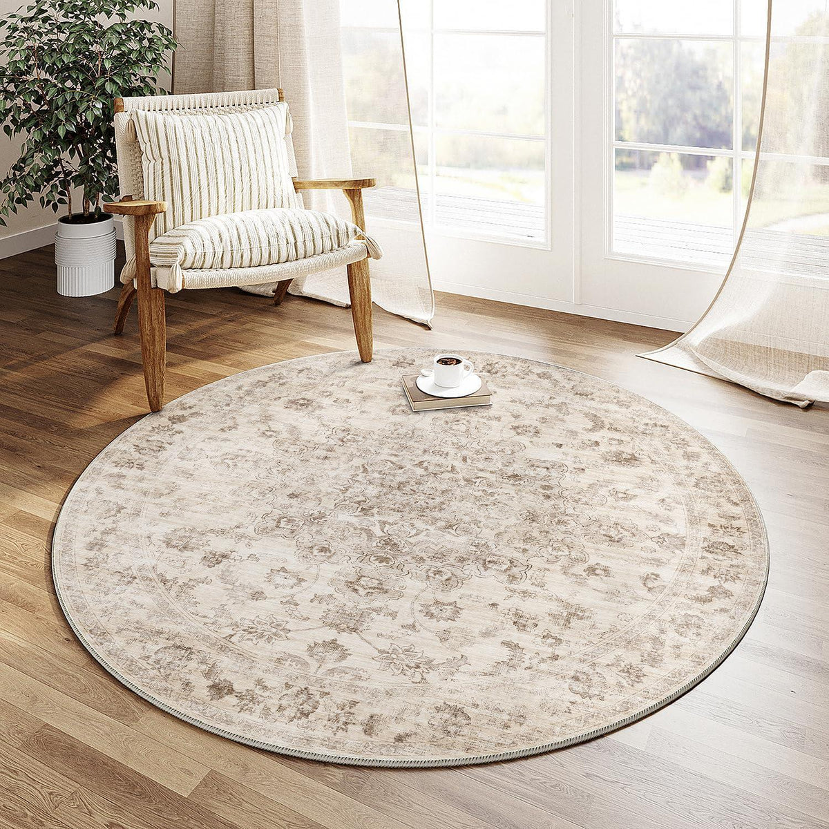Runder Vintage Teppich Beige 120cm – Waschbar & Rutschfest