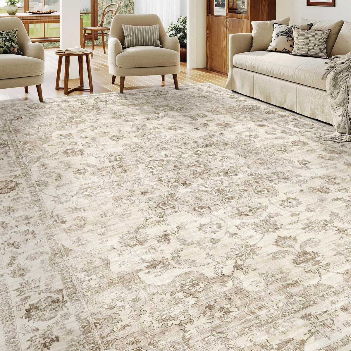 Vintage Teppich 200x300cm Beige – Waschbarer Wohnzimmerteppich