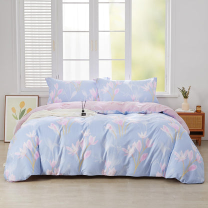 3tlg. Bettwäsche-Set 200x220 cm Lila mit Blumen