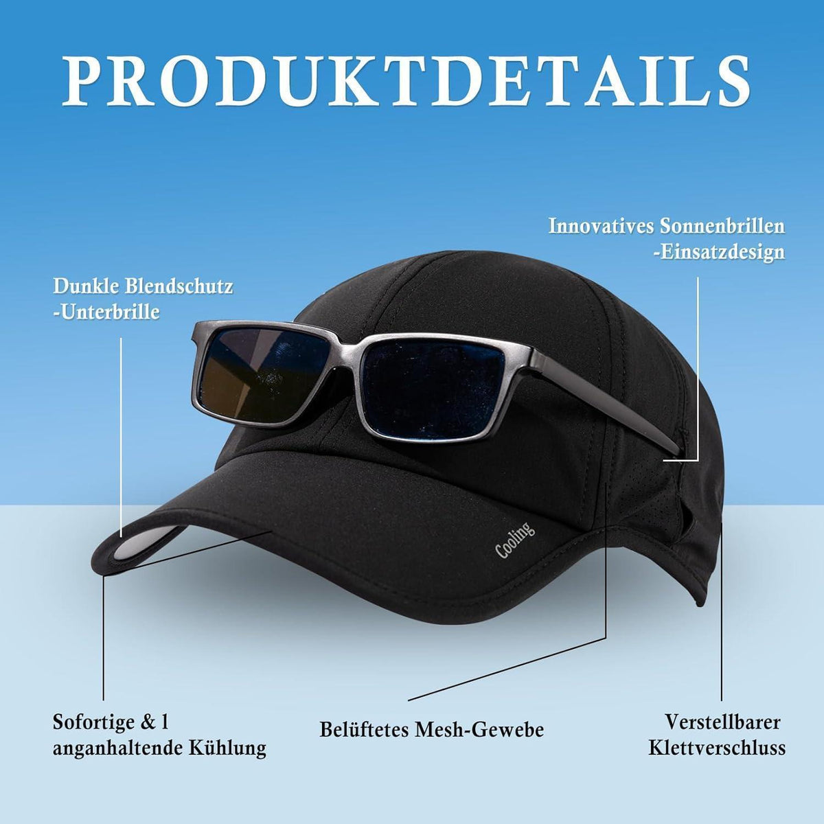 Atmungsaktive Baseball Cap mit Sonnenbrillenhalter – Schwarz XXL
