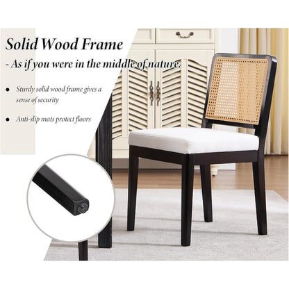 Esszimmerstühle 2er Set Leinen Rattan Retro Holz Schwarz