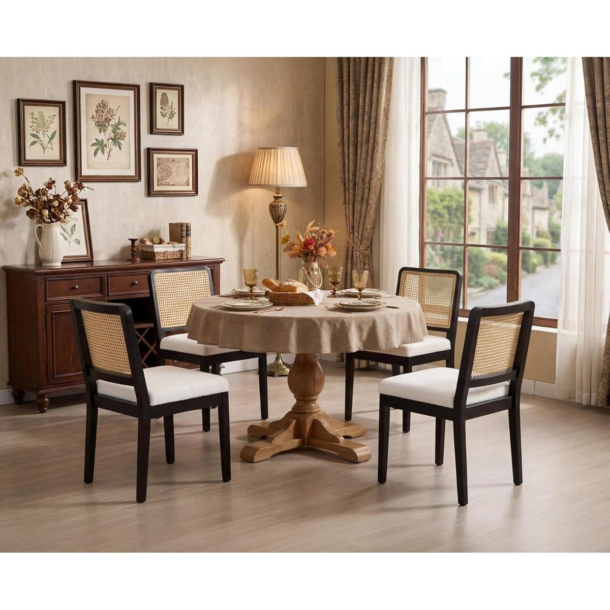 Esszimmerstühle 2er Set Leinen Rattan Retro Holz Schwarz