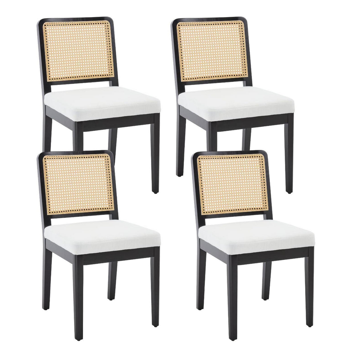 Esszimmerstühle 4er Set Leinen Rattan Retro Holz Schwarz