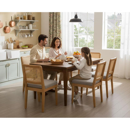 Esszimmerstühle Set 4 – Grau, Chenille & Rattan Retro Stil