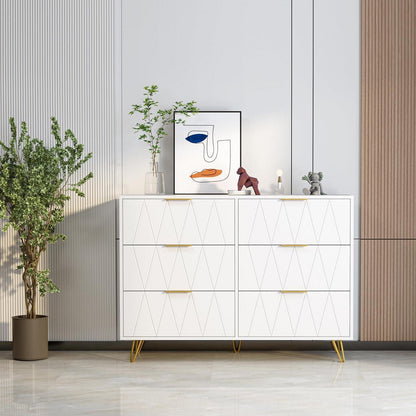 Weißer Kommodenschrank mit 6 Schubladen & Metallfüßen
