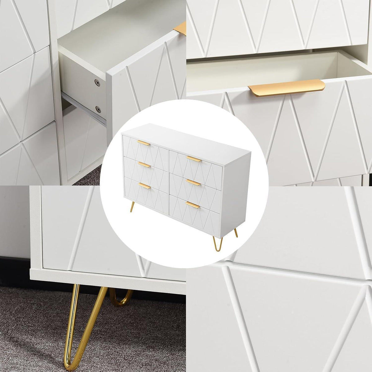 Weißer Kommodenschrank mit 6 Schubladen & Metallfüßen