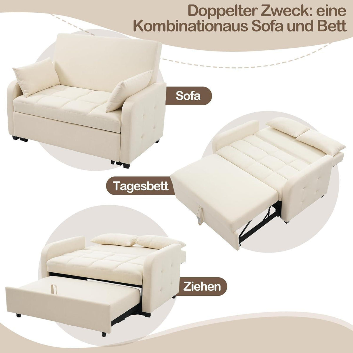 Zweisitzer Sofa mit Schlaffunktion – Beige Linienstoff