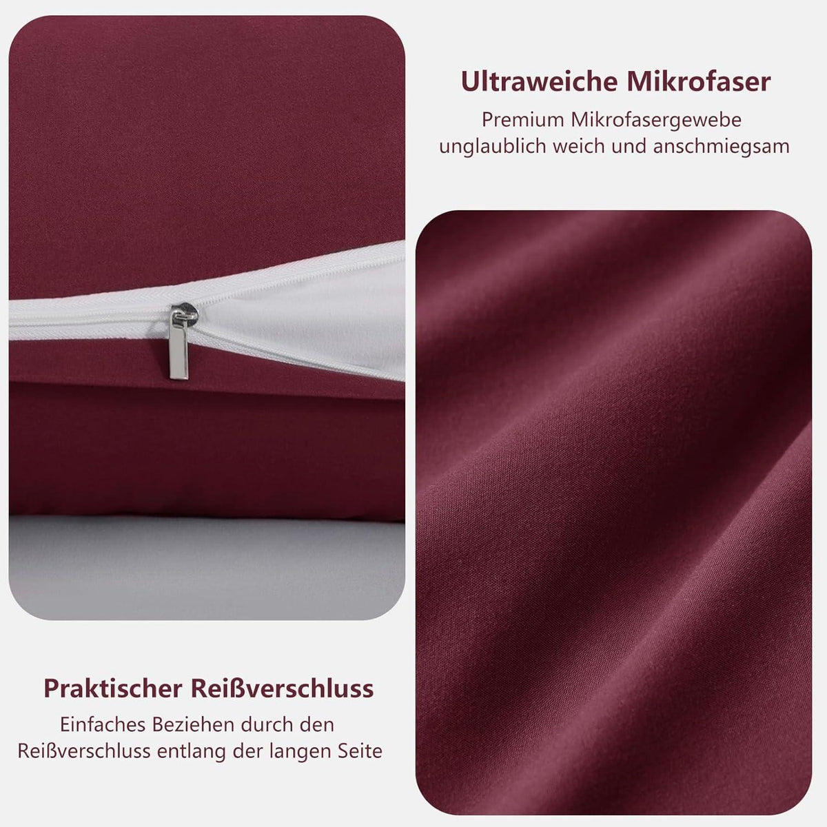 Kissenbezug 40x145 cm 2er Set Burgunderrot Mikrofaser mit Reißverschluss