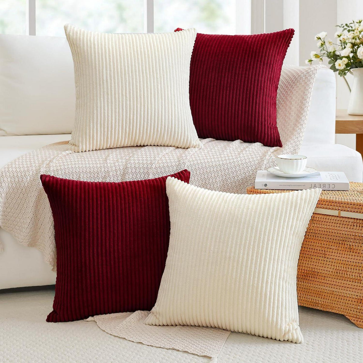 Cord Kissenbezüge 4er Set – 40x40 cm Creme Beige Burgund