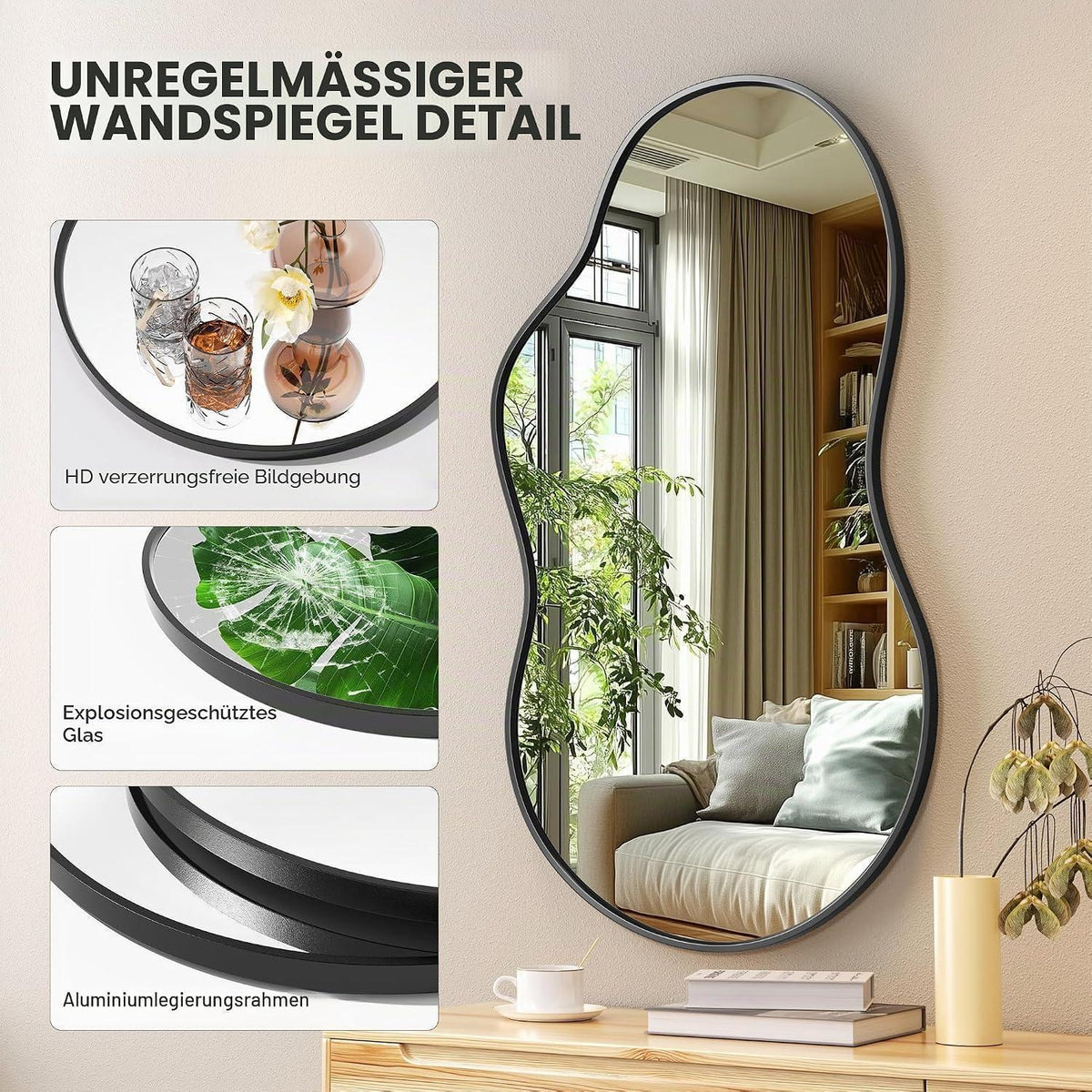 Asymmetrischer Wandspiegel Schwarz 66x116cm – Moderne Wanddekoration