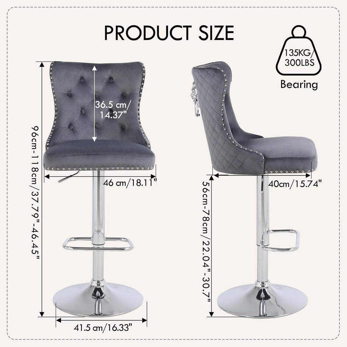 Samt Barhocker Set 4er – Höhenverstellbar, Grau