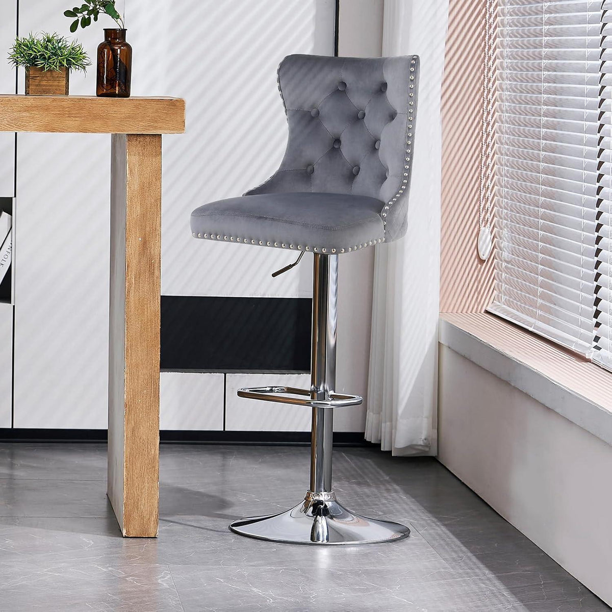 Samt Barhocker Set 4er – Höhenverstellbar, Grau