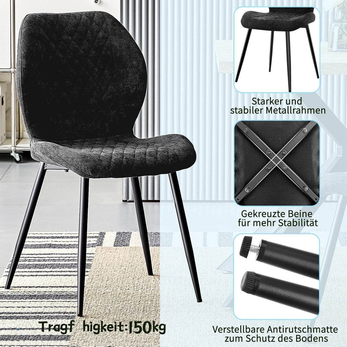 Gepolsterte Esszimmerstühle 2er Set – Modern & Ergonomisch Schwarz