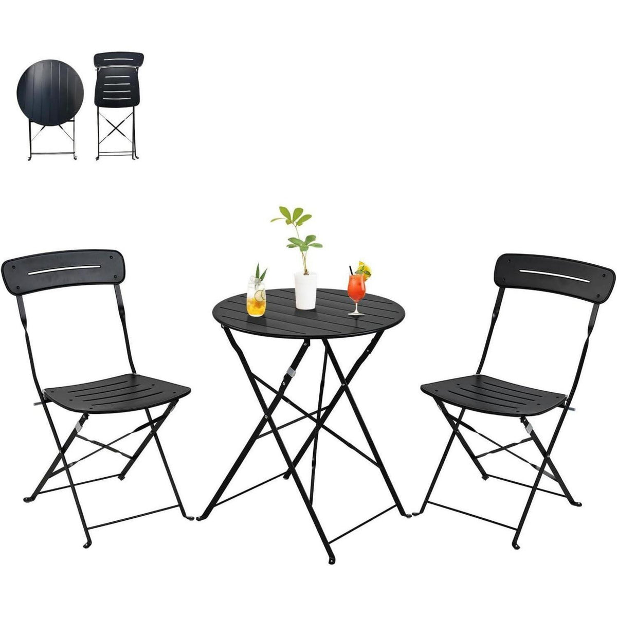 Bistro Set 3-teilig, wetterfest, klappbar, schwarz