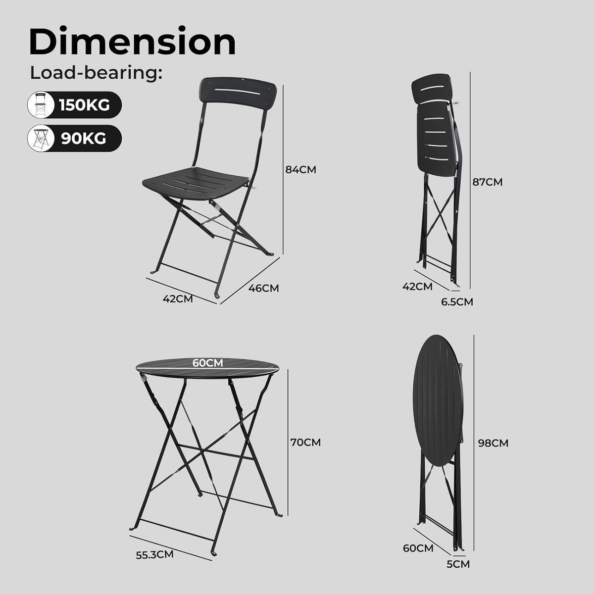 Bistro Set 3-teilig, wetterfest, klappbar, schwarz