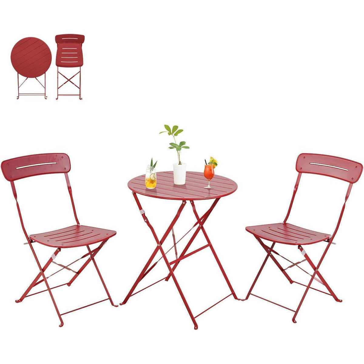 Bistro Set 3-teilig, wetterfest, klappbar, blau-rot