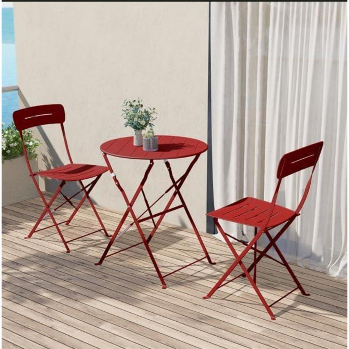 Bistro Set 3-teilig, wetterfest, klappbar, blau-rot