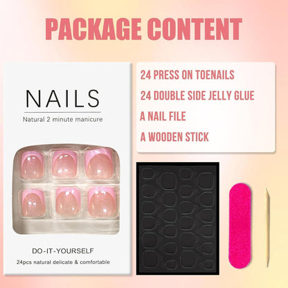 24er Set Pink Glitzer Zehennägel zum Aufkleben - Künstliche Toe Nails