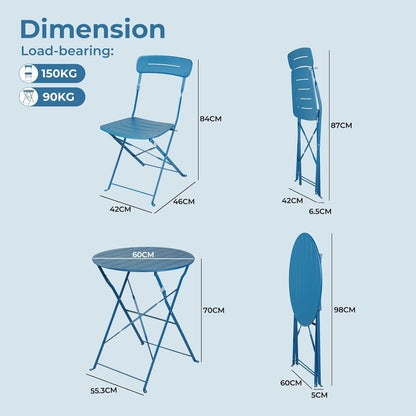 Bistro Set 3-teilig blau mit 2 Stühlen und Tisch, wetterfest
